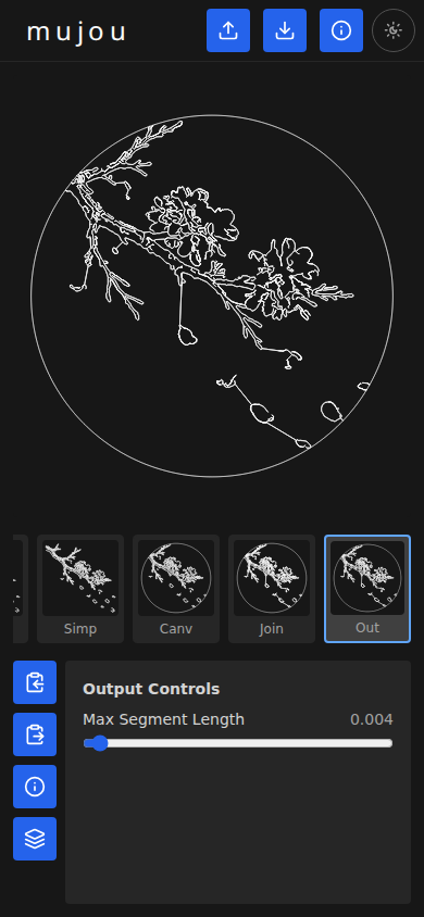 mujou landing page showing the Output stage with a cherry blossom pattern clipped to a circle