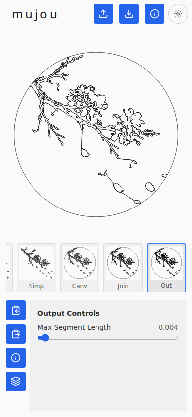 mujou landing page showing the Output stage with a cherry blossom pattern clipped to a circle