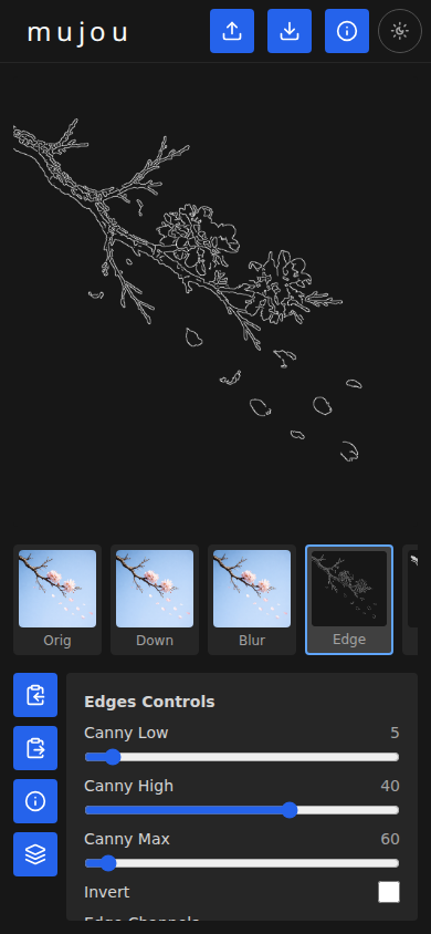 Edges stage with Canny threshold controls showing adjusted Canny Low