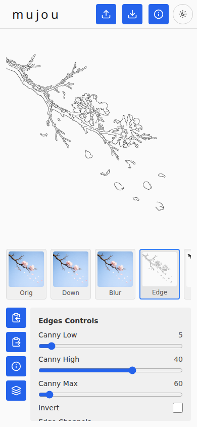 Edges stage with Canny threshold controls showing adjusted Canny Low