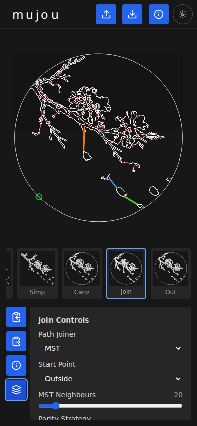 Join stage with diagnostic overlay showing colored connections between contours