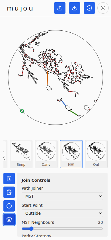 Join stage with diagnostic overlay showing colored connections between contours