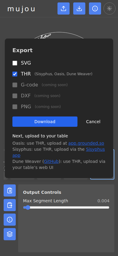Export dialog with THR format selected and Download button