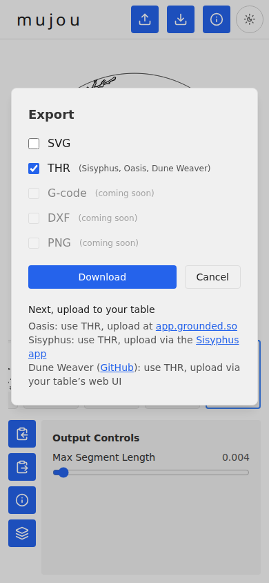 Export dialog with THR format selected and Download button